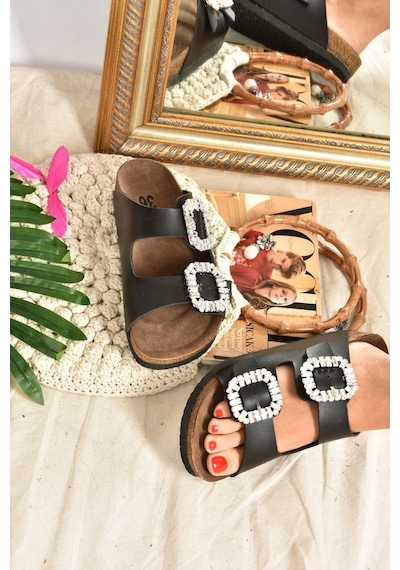 Fox Shoes Siyah Çift Tokalı Taşlı Kadın Terlik K777604809