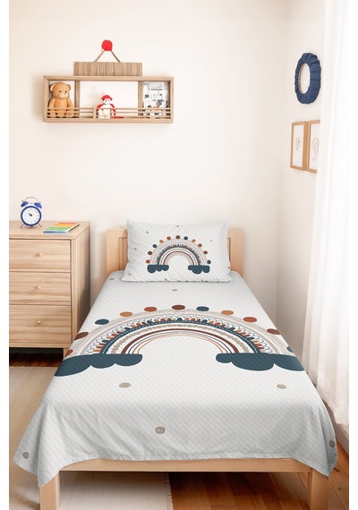 Evimde Bambaşka Gökkuşağı Pastel Erkek Çocuk Odası Tek Kişilik Pike Takımı-bohem Mavi Kiremit 160x220 CM Yatak Örtüsü