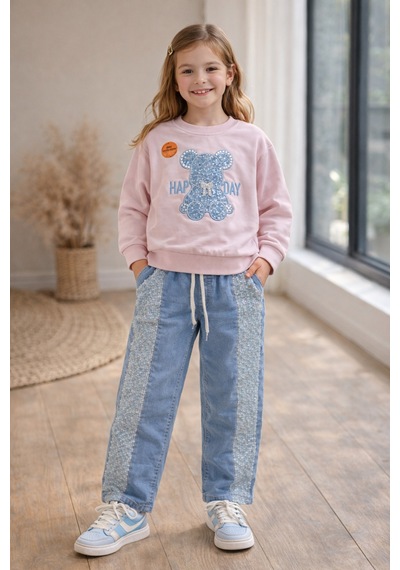 Uğur Bebe Pembe Pullu Esnek Sweatshirt Ve Geniş Paça Kot Pantolon Kız Çocuk Bayramlık Takım Pembe Mavi Pembe Mavi Uğur Bebe Pembe Pullu Esnek Sweatshirt Ve Geniş Paça Kot Pantolon Kız Çocuk Bayramlık Takım Pembe Mavi Pembe Mavi