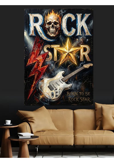 Rock Star Yazılı İskelet Ve Gitar Dekoratif Kanvas - Mdf Ahşap Tablo