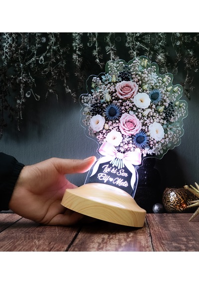 Pudra Gece Masalı Işıklı Çiçek Buketi Led Lamba Kadına Ve Sevgiliye Özel Hediye, Kişiye Özel Solmayan Çiçek Lambası Gece Masalı Buketi