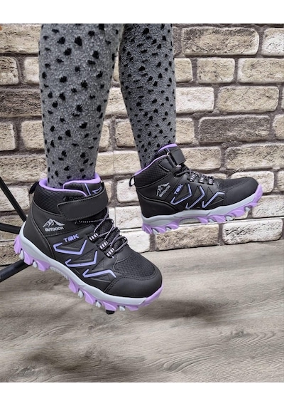 Rahat Konforlu Taban Outdoor Spor Cırtlı Çocuk Botu Siyah - Lila
