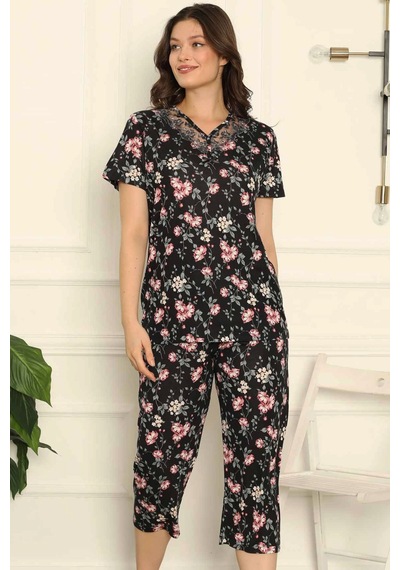 Alimer Kadın Siyah Dantelli V Yaka Bermuda Pijama Takım Edy2708s Siyah