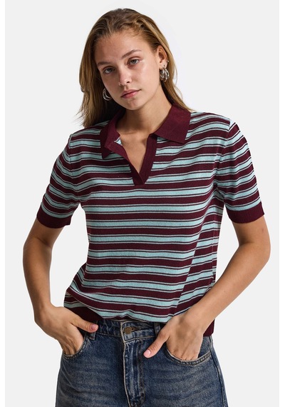 Kadın Bordo Çizgili W6-35 Oversize Polo Yaka Triko