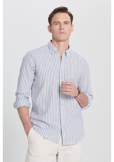 AC&Co / Altınyıldız Classics Erkek Beyaz Hakı Slim Fit Dar Kesim Düğmeli Yaka Çizgili Keten Gömlek Beyaz Hakı