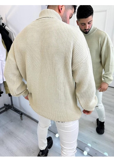 Elku Moda Elkumoda Boğazlı Erkek Kazak Oversize Balıkçı Yaka Geniş Salaş Triko Kazak-KAZAK2863