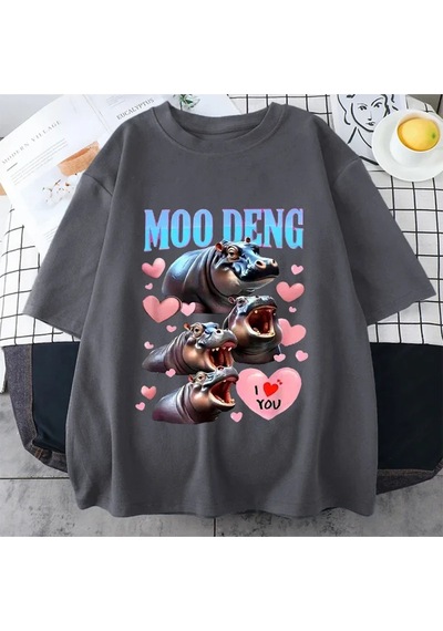 Flood Of Style Komik I Love Moo Deng Sevimli Bebek Hippo Sevgilisi Meme T Shirt Erkek Kadın Moda Gotik Rahat Gri