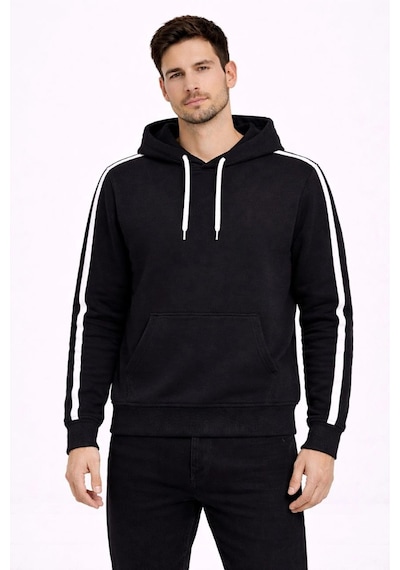 Erkek Şeritli Kapüşonlu Sweatshirt Oversize 3 İplik Pamuklu Hoodei - Siyah