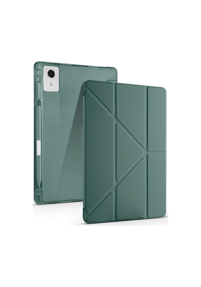 Lenovo Idea Tab Plus 12.1 2025 Tb361fu-tb361zu Uyumlu Kalem Bölmeli Dönebilen Üçgen Standlı Tri Folding Tablet Kılıfı - Koyu Yeşil - T42077