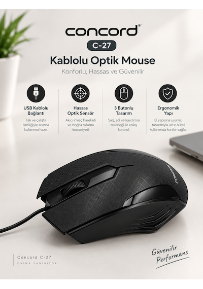Concord C-27 Kablolu Optik Mouse Ergonomik 3 Butonlu Siyah Bilgisayar Faresi C27
