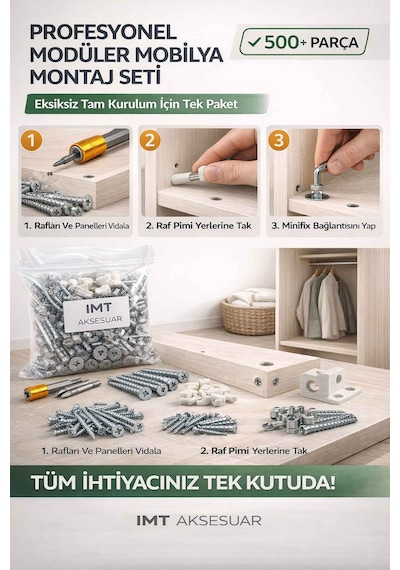 500 Parça Profesyonel Modüler Mobilya Montaj Seti -Mobilyalarla Uyumlu Minifix Montaj Ekipmanları