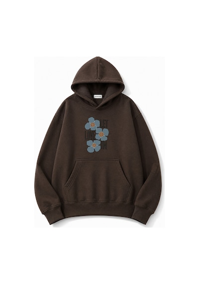 Herkesemoda Love Çiçek Baskılı Kapüşonlu 2 İplik Şardonlu Sweatshirt Kahverengi