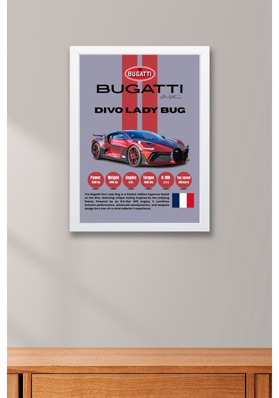Bugatti Divo Lady Bug Araba Tablosu - Teknik Özellikli Otomobil Poster - Çerçeveli Duvar Dekoru Beyaz