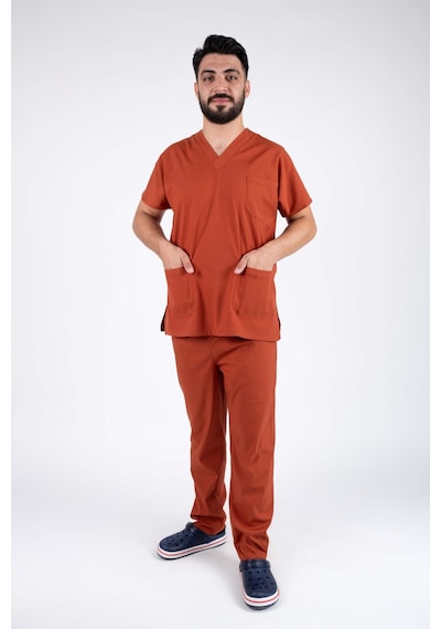Kremit Likralı Erkek Hemşire Ve Doktor Forması Takımı Scrubs Hastane Üniforması Turuncu