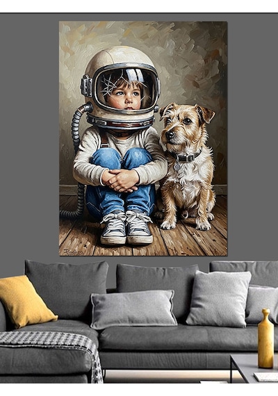 Ahşap Tablo Astronot Çocuk Ve Köpek Dostu Hayvan Tabloları