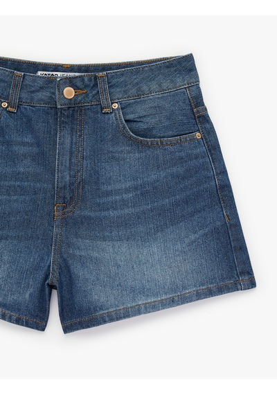 Koton Normal Bel Cepli Düğmeli Pamuklu Mini Denim Şort Orta İndigo 6sal40162md