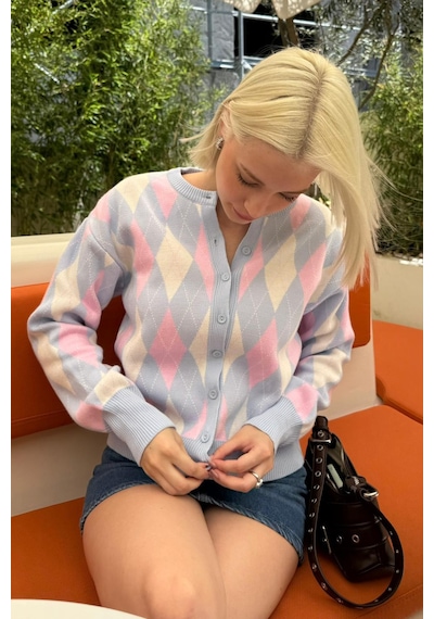 Madmext Mavi Baklava Desenli Bisiklet Yaka Kadın Hırka Mg2496 Mavi