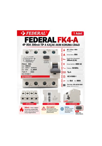 Federal 4x80a 300ma Ac A Tip 6ka Üç Faz Trifaze Yangın Kaçak Akım Koruma Rolesi 3x80a 3 Faz Yangın