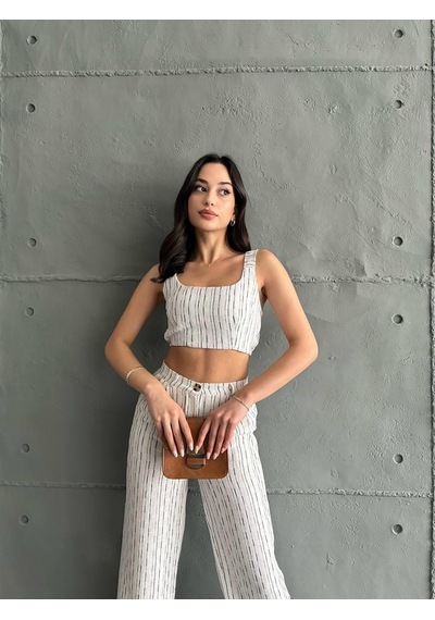 Eke Tekstil Lacivert Çizgili Crop Pantolon Keten Takım-lacivert Lacivert