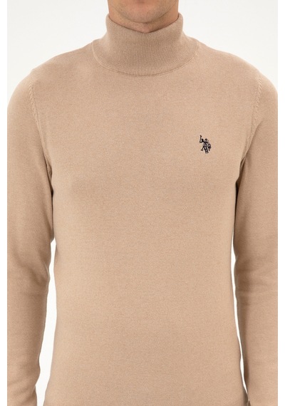 U.S. Polo Assn. Erkek Slim Fit Boğazlı Kum Melanj Basic Kazak 50313712-VR123