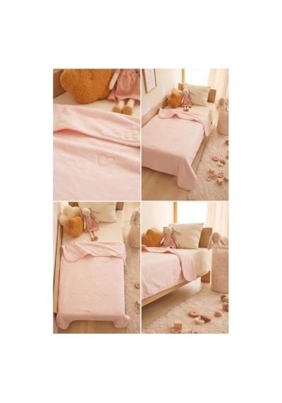 Pembe Renk Kalp Nakışlı %100 Pamuk Bebek Örtüsü 90 X 120 Cm Açık Bej