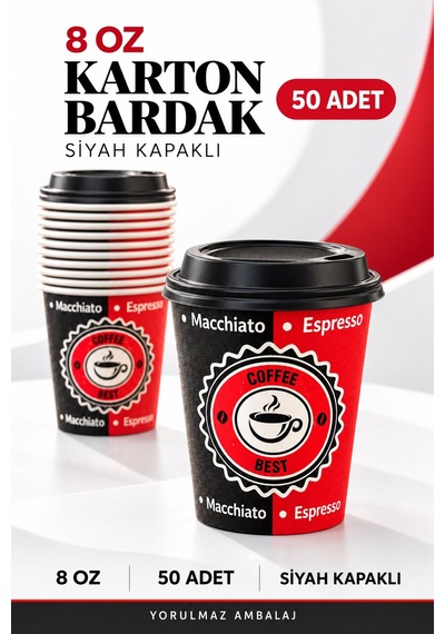 8 Oz Kapaklı Karton Bardak 50 Adet Sıcak Soğuk İçecek Uyumlu Kapaklı Kağıt Bardak Renkli