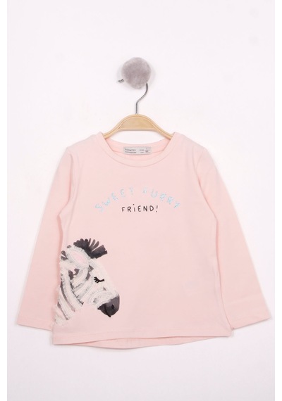 Toontoy Kids Toontoy Kız Çocuk Zebra Baskılı Nakışlı T-shirt Pudra