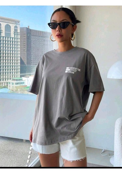 Flood Of Style Kadın Füme Cherish Time Baskılı Oversize Gri