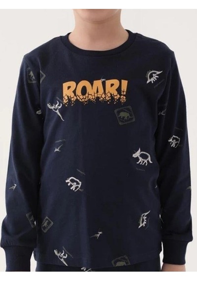 Cantoy Erkek Çocuk Roar Yazılı Dinozor Baskılı Uzun Kollu Pijama Takımı-16036 Lacivert
