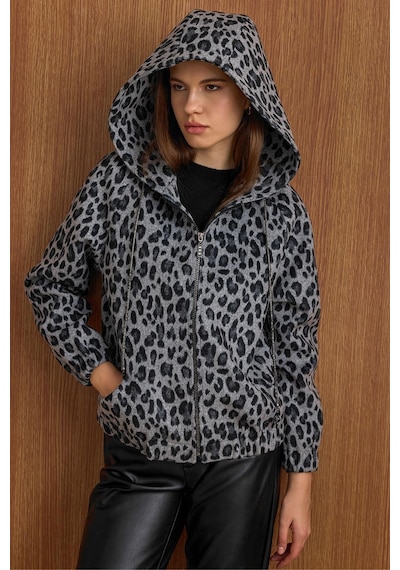 Olcay Kapüşonlu Beli Lastikli Oversize Leopar Desenli Kısa Kaban Gri 3162-l