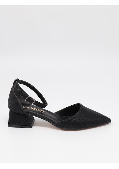 Nesilshoes Nesil Shoes Ermod 301 Siyah Simli Topuklu Kadın Ayakkabı