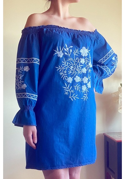 Mia Butik Kadın Mavi Nakış İşleme İnce Kot Elbise-252 Mavi