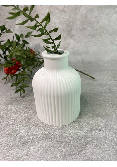 İskandinav Çizgili Dekoratif Pampas Beyaz Beton Vazo 9.5 X 7 Cm