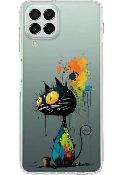 Samsung Galaxy M33 İle Uyumlu Splash Kedi Tasarımlı Şeffaf Silikon Kılıf Şeffaf