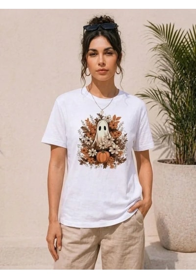Defymoda Balkabağı Hayalet Baskılı Tişört Kısa Kol Yazlık T-shirt - Beyaz