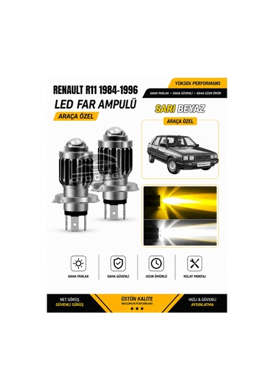 Renault R11 1984-1996 H4 Led Far Ampulü Sarı-beyaz Işık Canbus Mini Lensli 2'li Set