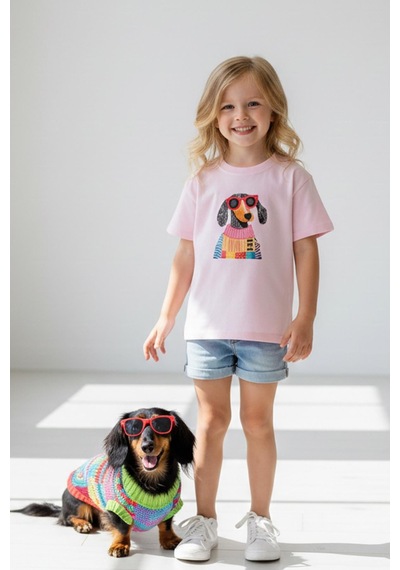 Monila Kız Çocuk Köpek Baskılı Pamuklu Bisiklet Yaka T-shirt Pembe