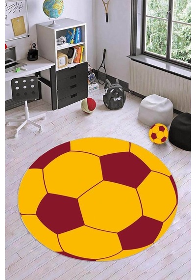 Sarı Ve Kırmızı Kaymaz Tabanlı Yuvarlak Taraftar Halısı Vh0081n11 Sarı - Kırmızı