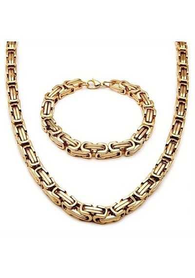 Gold Renk Tamamı Saf Çelik Kral Model Erkek Kolye Bileklik Set 4m