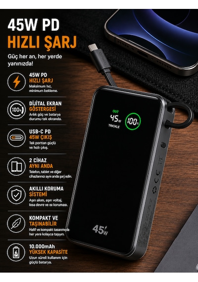 10000mah Powerbank Pd 45w Hızlı Şarj Dijital Ekranlı Dahili Type-c Kablolu Taşınabilir Şarj Cihazı Siyah
