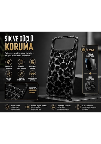İphone 14 Pro Max Uyumlu Darbe Emici Leopar Desenli Telefon Kılıfı + Lens Ve Ekran Koruyucu Hediyeli Siyah