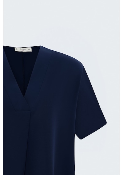 Sateen Geniş Kısa Kollu Bluz - Lacivert-137797