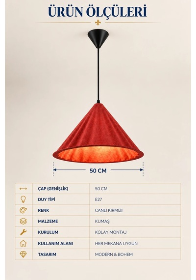 Modern Premium Bohem Kırmızı Sarkıt Avizesi 50 Cm Mutfak Salon Oturma Odası Şık Modelleri E27 Duy Diğer