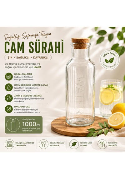 Ciho Cam Sürahi 1000 Ml 1 Litre Mantar Kapaklı Sürahi Karaf