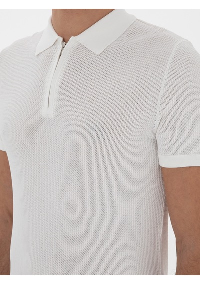 Ekru Slim Fit Fermuarlı Polo Yaka Triko T-shirt Bej