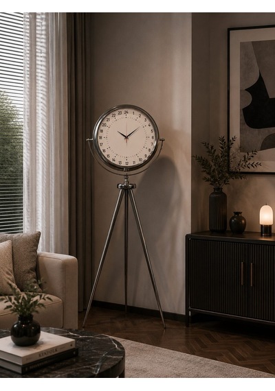Krom 24 Saat Göstergeli 150 X 45 Cm Metal Özel Tasarım Tripod Ayaklı Saat