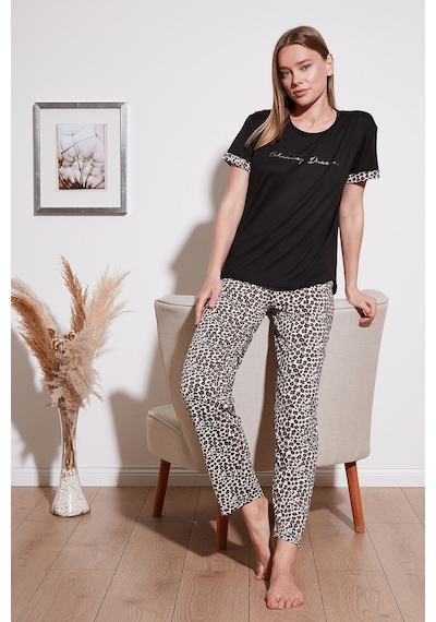 Lela Yumuşak Dokulu Bisiklet Yaka Bayan Pijama Takımı 6097605 Siyah-Leopar