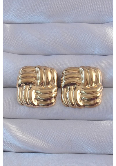 Ezoconcept 316l Çelik Gold Renk Kare Çizgili Vintage Küpe 001