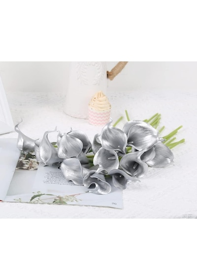 Yapay Çiçek Gümüş Renk Gala Eva Malzeme Silver Cala Flower 8li Demet