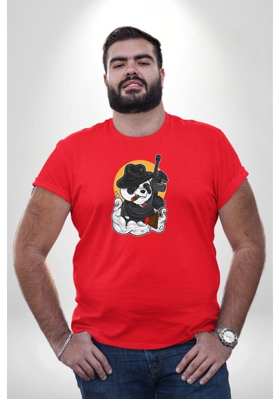 Angemiel Gangster Panda Kırmızı Büyük Beden Erkek Kadın Unisex Basic Ön Baskılı Tişört Kırmızı